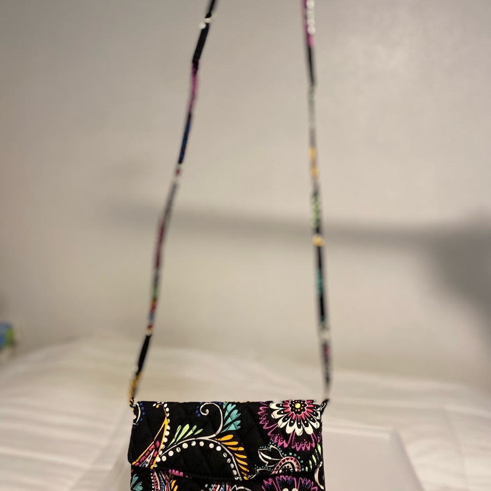Vera Bradley Strap Wallet Bandana Swirl Floral Black Crossbody Bag
